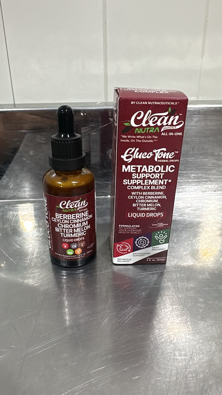 Frasco de GlucoTone de 60 ml junto a su caja, foto real