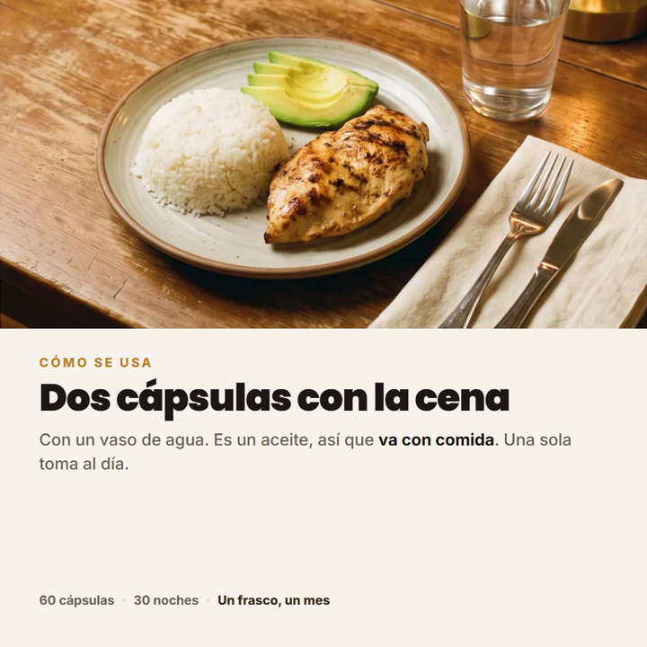 Cómo se usa: dos cápsulas con la cena y un vaso de agua