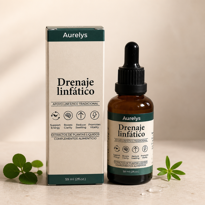 Frasco y caja de Aurelys Drenaje Linfático 59 ml sobre piedra clara
