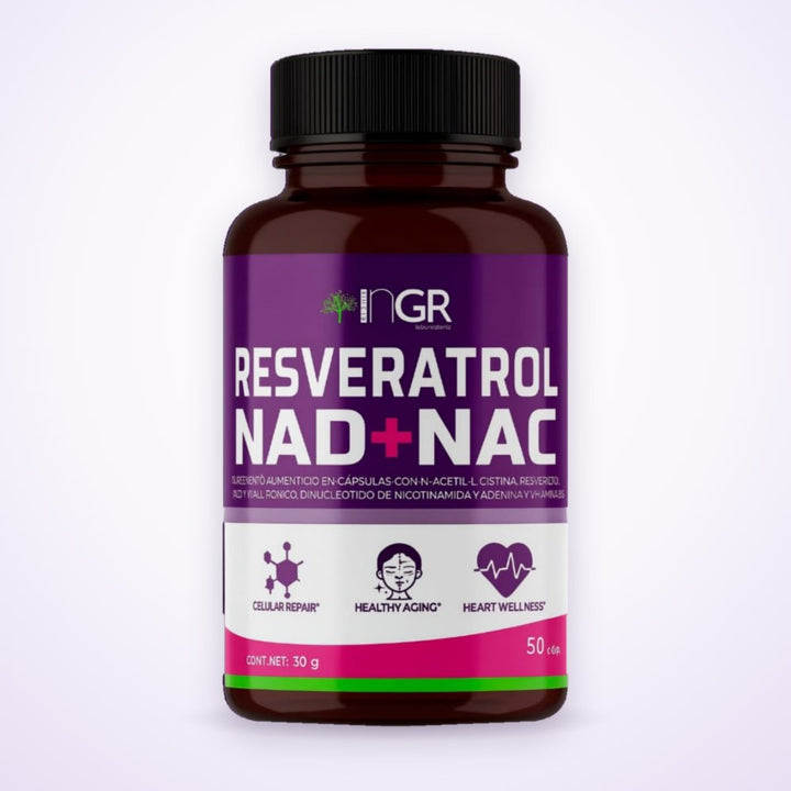 Frasco de Resveratrol NAD + NAC de iNGR, de frente