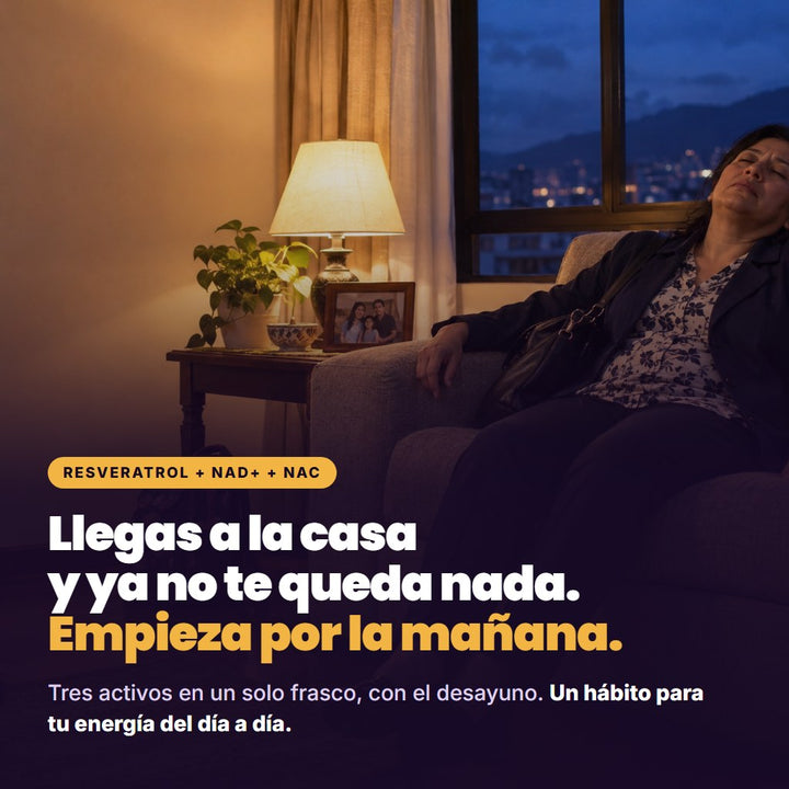 Llegas a la casa y ya no te queda nada. Empieza por la mañana: resveratrol, NAD+ y NAC con el desayuno