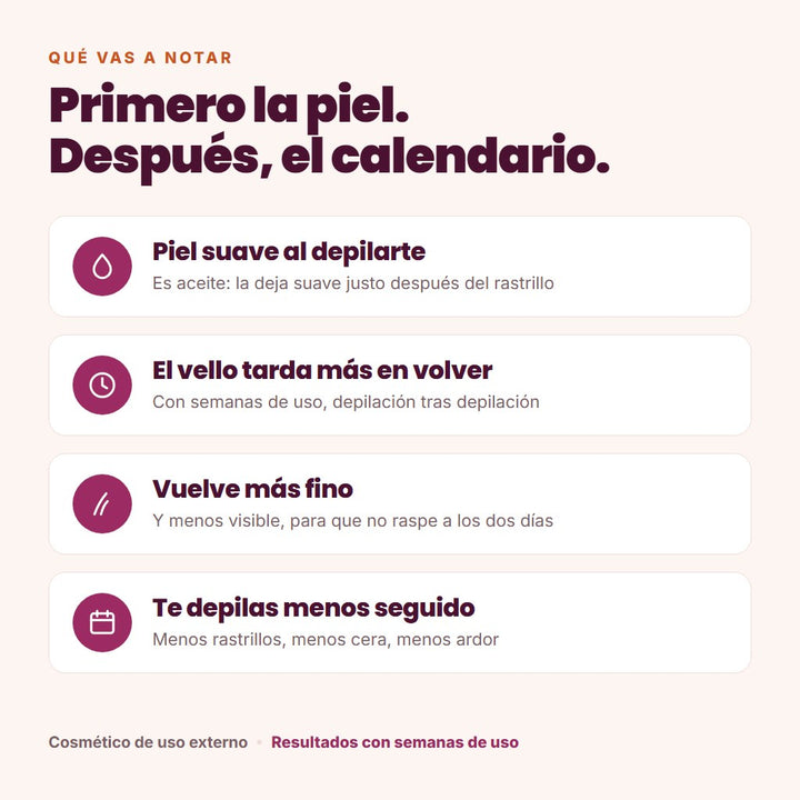 Qué vas a notar: piel suave al depilarte, el vello tarda más en volver y sale más fino