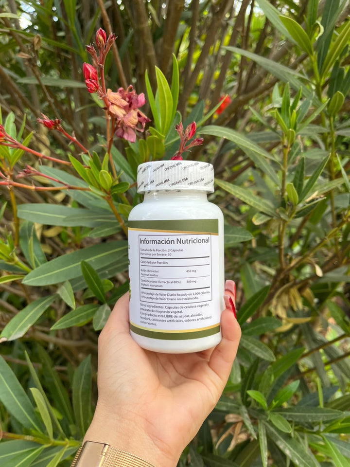 Reverso del frasco con el panel de Información Nutricional: boldo 450 mg y cardo mariano 300 mg