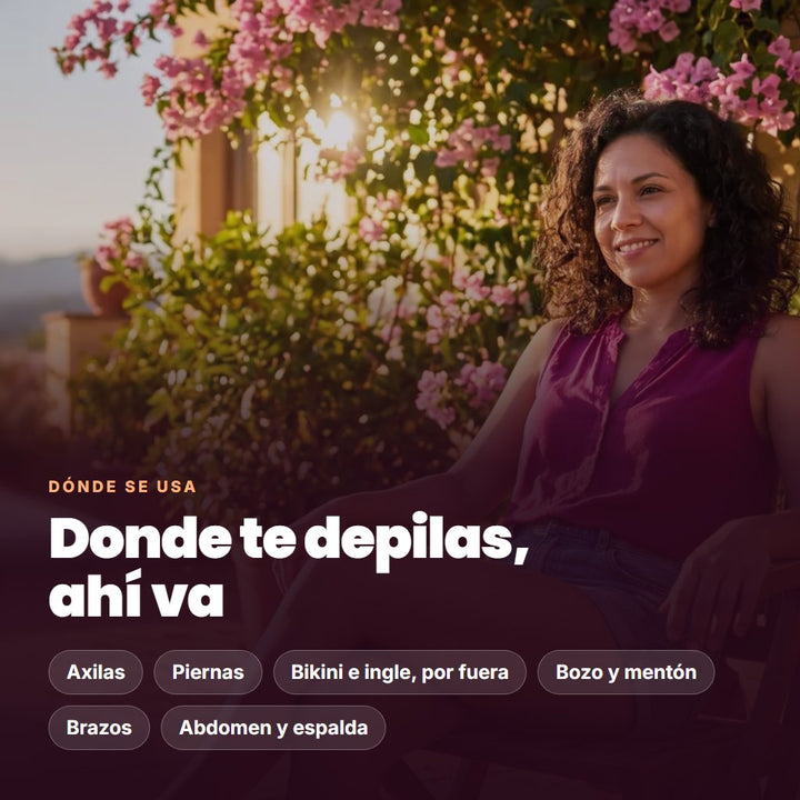Dónde se usa: axilas, piernas, bikini e ingle por fuera, bozo, brazos, abdomen y espalda