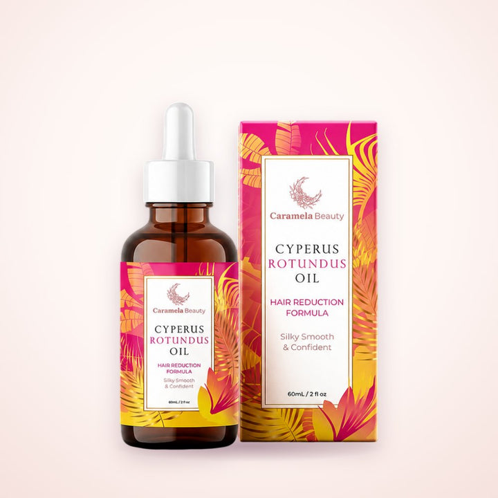 Aceite de cyperus Caramela Beauty de 60 ml, frasco de vidrio ámbar con gotero y su caja