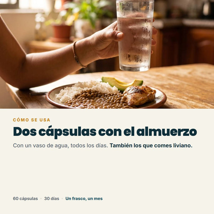 Cómo se usa: dos cápsulas con el almuerzo y un vaso de agua