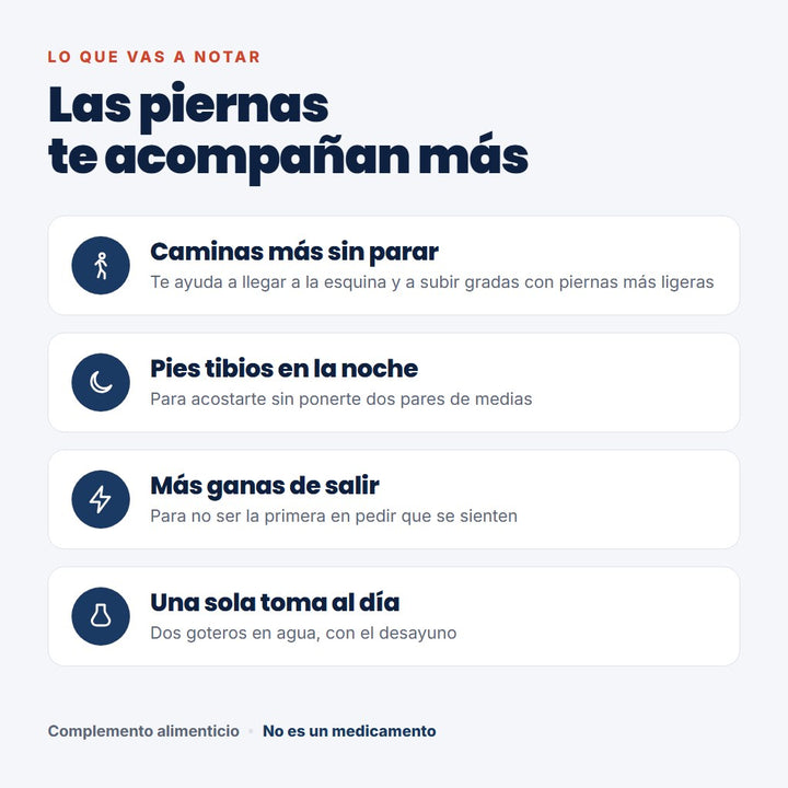 Lo que vas a notar: caminas más sin parar, pies tibios en la noche, más ganas de salir, una toma al día