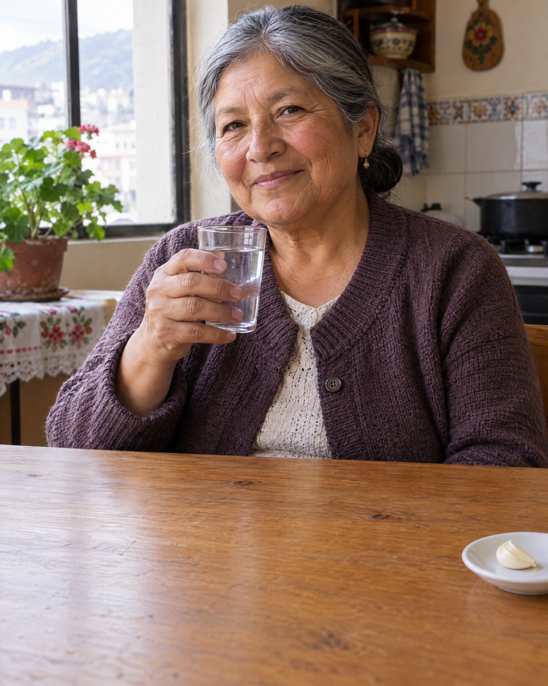 Abuela ecuatoriana en la cocina con un vaso de agua y un diente de ajo en la mano