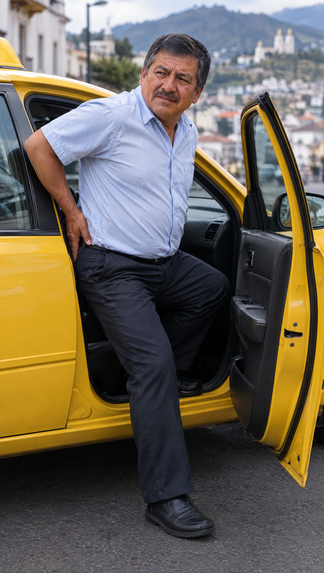 Taxista ecuatoriano bajándose de su taxi en Quito, con la mano en la espalda baja y cara de molestia