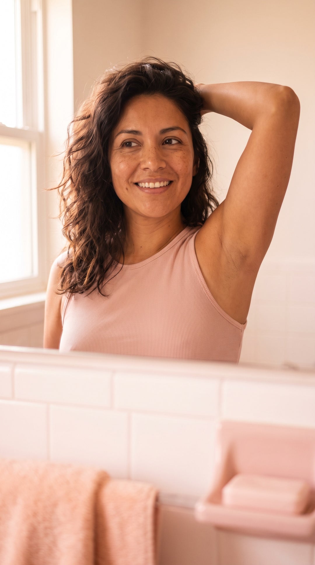 Mujer sonriendo en un baño luminoso, con el brazo levantado y la axila lisa