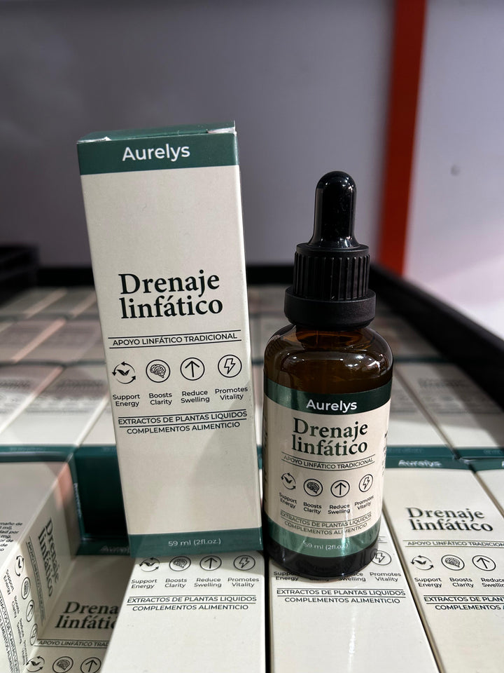 Frasco real de Aurelys Drenaje Linfático junto a su caja, foto del proveedor