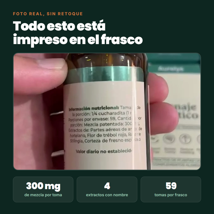 Foto real del reverso del frasco: 300 mg, 4 extractos, 59 tomas