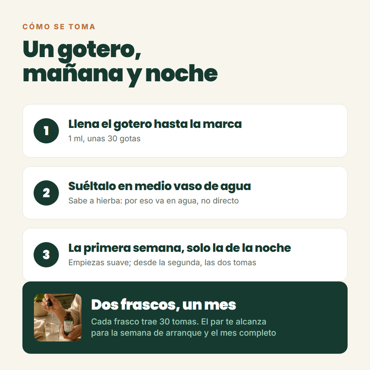 Cómo se toma: 1 ml en medio vaso de agua, mañana y noche; dos frascos te duran un mes
