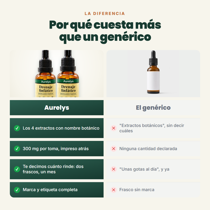 Aurelys frente a un frasco genérico sin marca