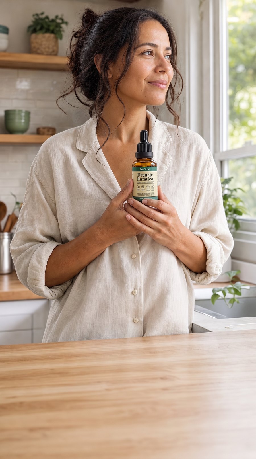 Mujer sosteniendo el frasco de Aurelys Drenaje Linfático en su cocina