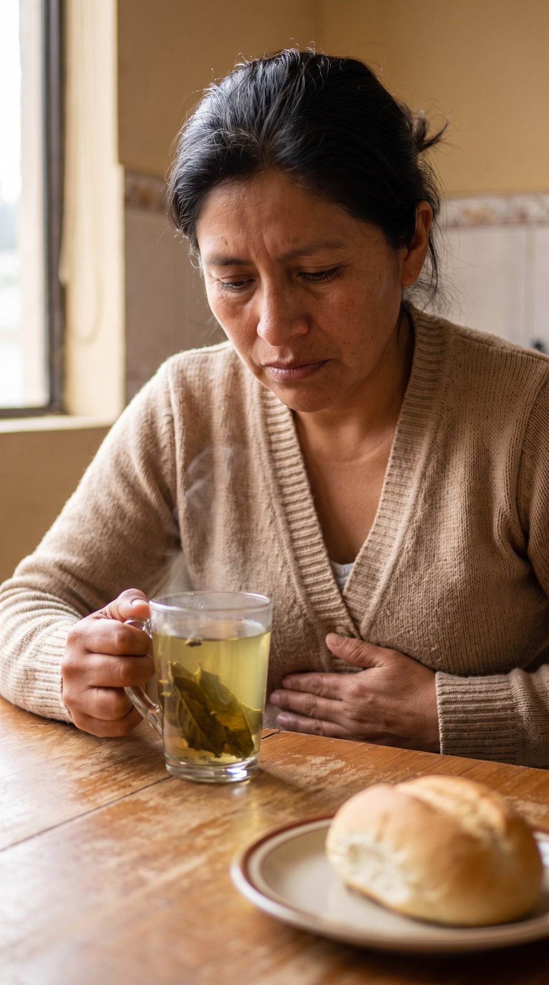 Mujer en su cocina un lunes en la mañana, con una taza de agüita de boldo y la mano en el costado derecho