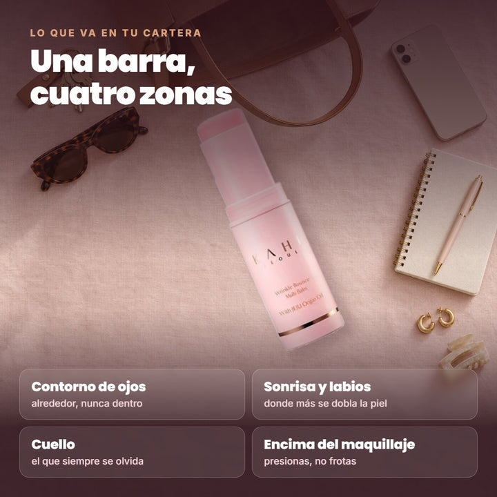 Barra Kahi en la cartera: contorno de ojos, sonrisa y labios, cuello, encima del maquillaje