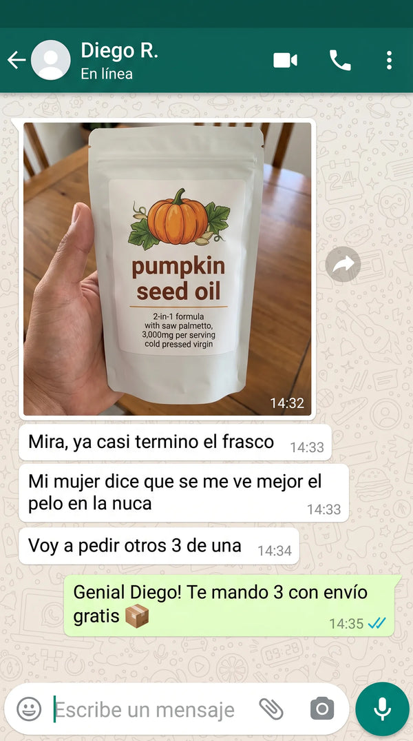 Diego R. cliente Pumpkin a las 8 semanas con foto del producto