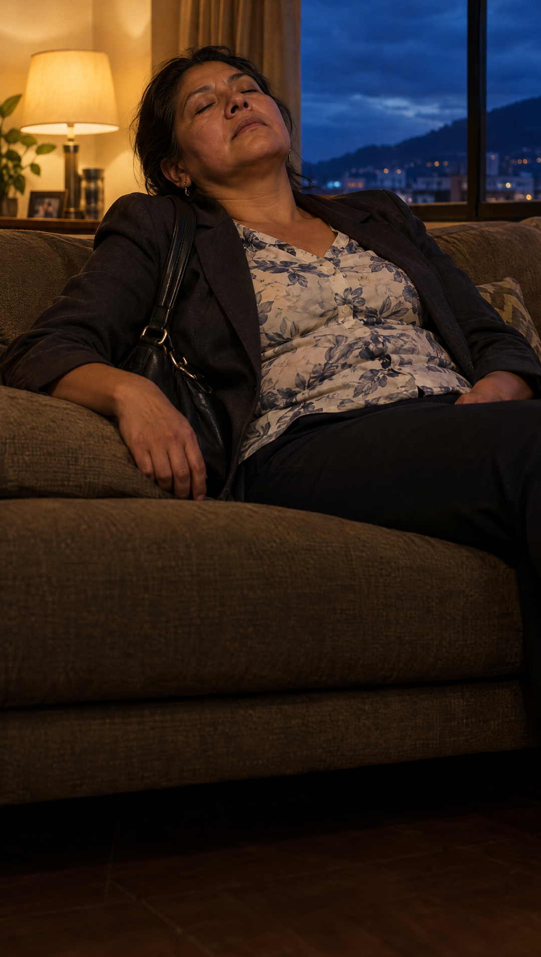 Mujer ecuatoriana de unos 50 años sentada en el sillón de la sala al anochecer, agotada, con la cartera todavía en el hombro