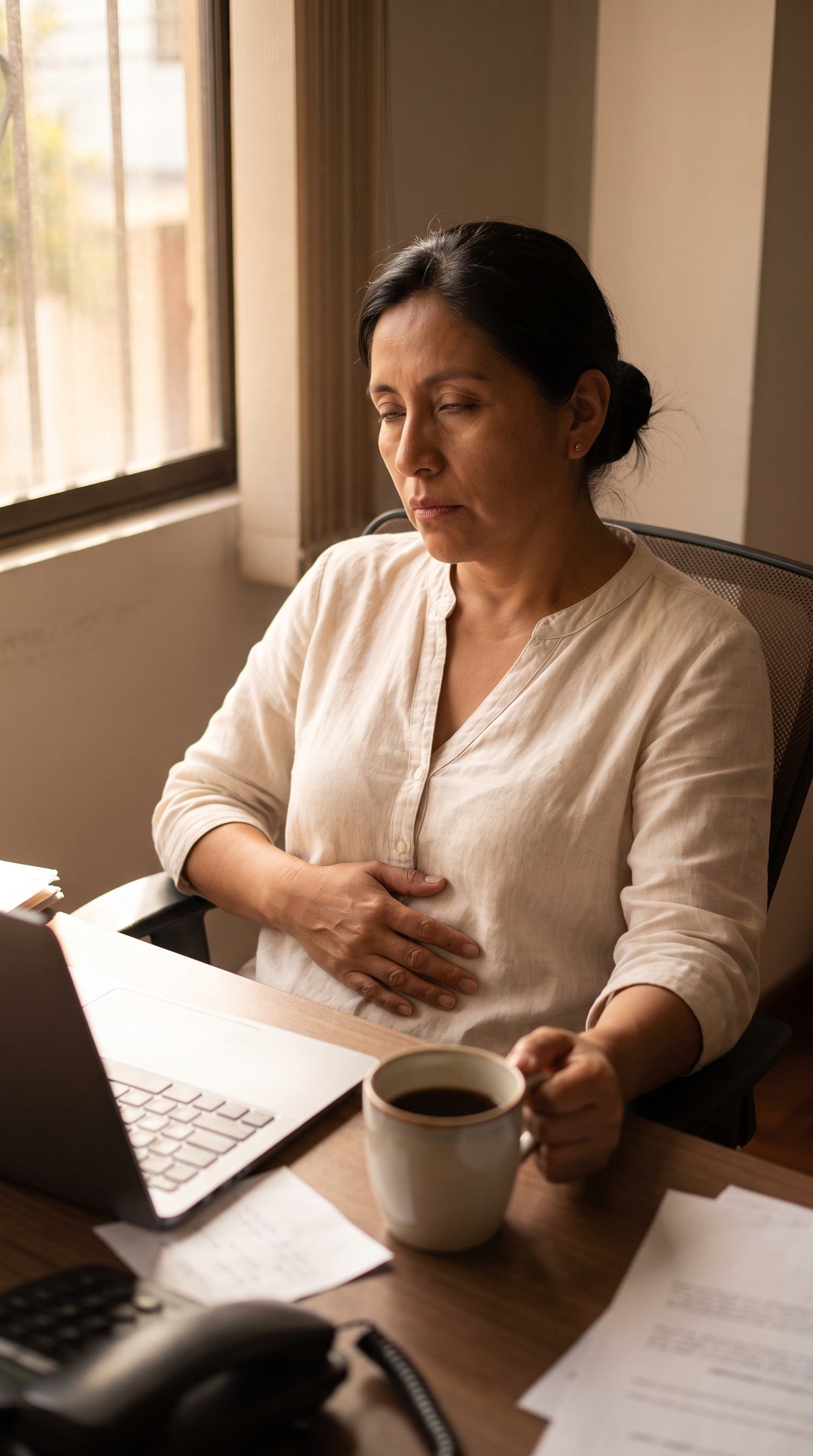 Mujer en su escritorio a media tarde, con la mano en el estómago